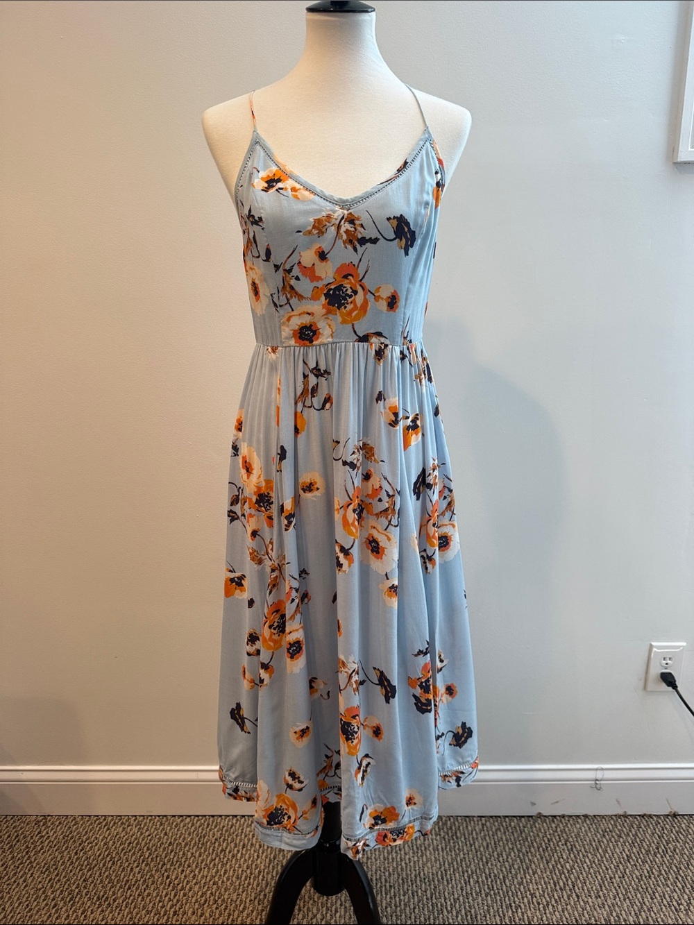 Urban Outfitters Blue Floral Spaghetti Strap Midi Dress